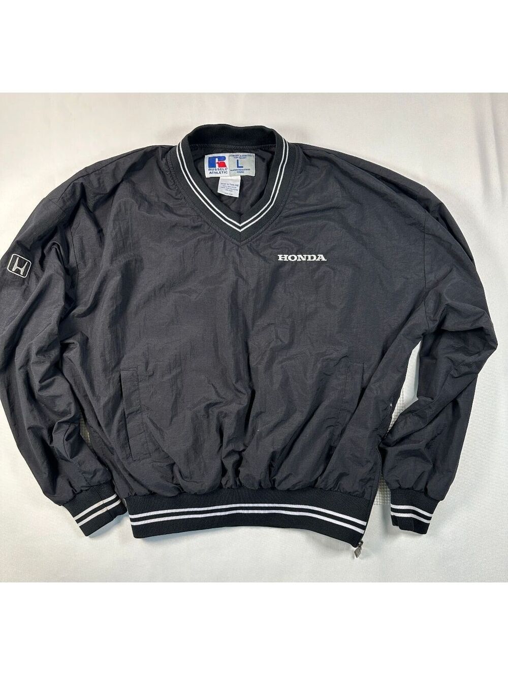 Vintage Russell Athletic Honda V-Neck Windshirt Pullover Jacket Large Black